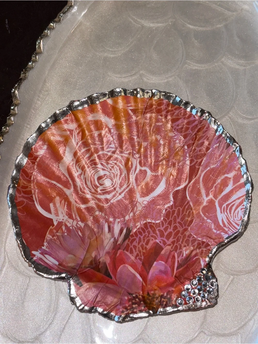 Decorative Pink Shell Trinket Dish with Silver Edge